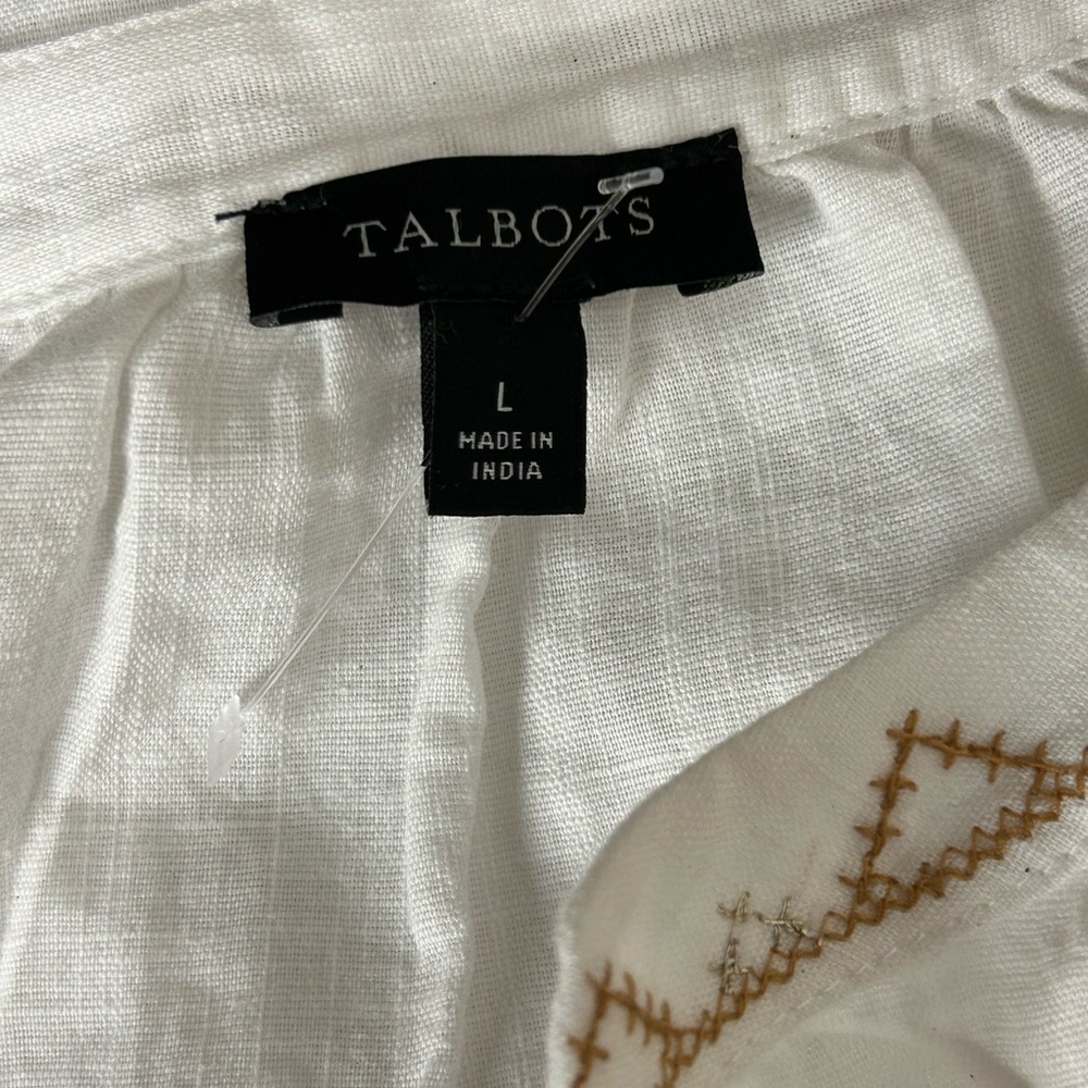 Talbots White Linen Blend Embroidered Tunic Top Boho Peasant Blouse Large - Picture 8 of 10